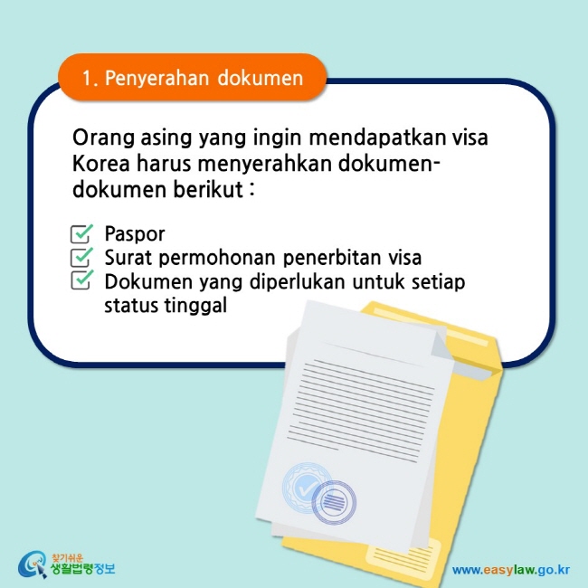 1. Penyerahan dokumen Orang asing yang ingin mendapatkan visa Korea harus menyerahkan dokumen-dokumen berikut : Paspor Surat permohonan penerbitan visa Dokumen yang diperlukan untuk setiap status tinggal